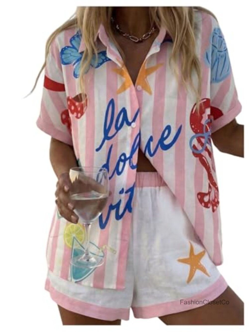 Women's 2 Piece Striped Shirt Shorts Set Summer Vacation Matching Outfit